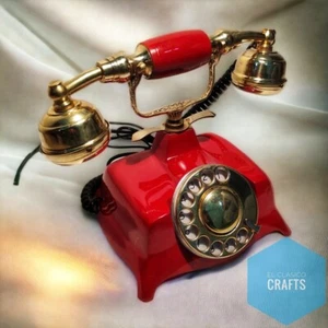 Nautical Engraved Brass Red & Golden Vintage Rotary Phone Old Fashioned Telephon - Picture 1 of 5