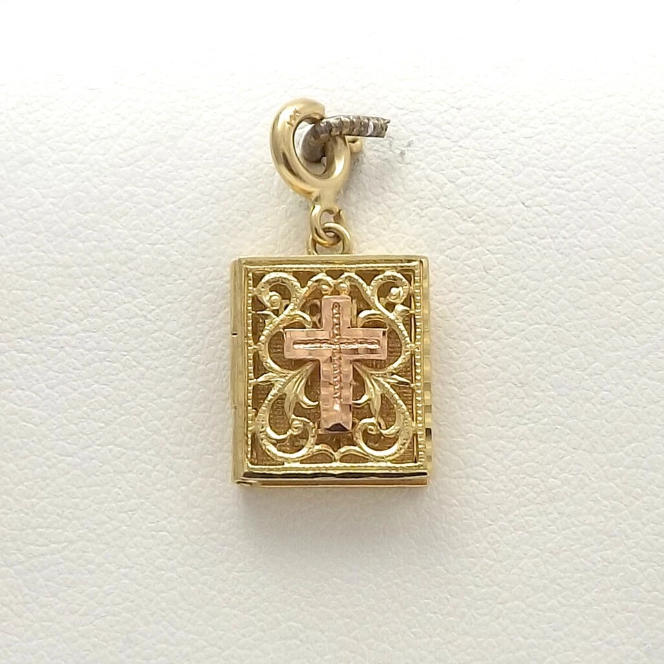 14k Gold Cross Bible Locket Praise The Lord Charm Pendant 1st Communion New - Image 1 of 4