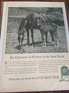 Vintage 1940 Quaker State Oil Written In The Stud Book Young Colt & Mare ad - Picture 1 of 1