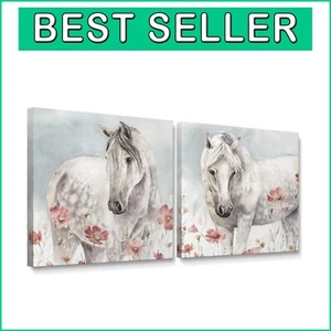 Vibrant Watercolor Horse & Flower Canvas Wall Art - Ready to Hang 16"x16" - Picture 1 of 8