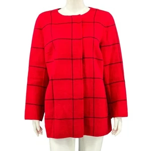 Talbots Jacket Women 12 Petite Red Black Windowpane Long Blazer Zip Wool Holiday - Picture 1 of 7
