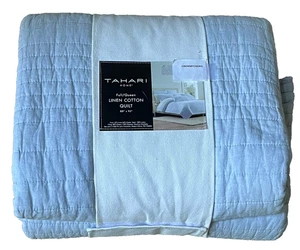 TAHARI Solid Blue Linen & Cotton Blend Full/Queen Quilt - Picture 1 of 2