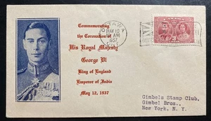 1937 Ottawa Canada King George VI Coronation FDC First Day Cover To New York Usa - Picture 1 of 2