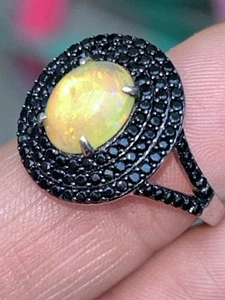 Ethiopian Opal Oval with Double Black Spinel Halo 925 Sterling Ring 8 - Picture 1 of 11
