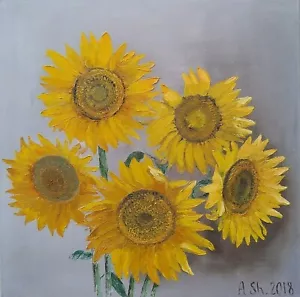 Original oil painting Sunflowers yellow flowers plants nature artwork 20x20" - Picture 1 of 8