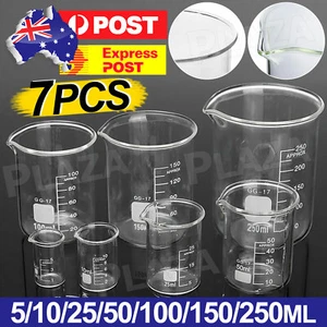 7Pcs Glass Measuring Low Form Beaker Set 5ml 10ml 25ml 50ml 100ml 150ml 250ml AU - Picture 1 of 8