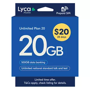 Lyca Mobile Unlimited 20 Prepaid SIM 20GB $20 for $5 - Picture 1 of 3