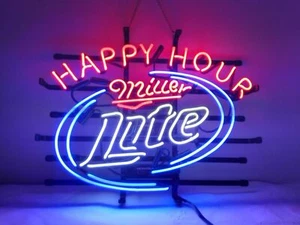 New Miller Lite Beer Happy Hour 24"x20" Neon Light Sign Lamp Bar Real Glass Wall - Picture 1 of 2
