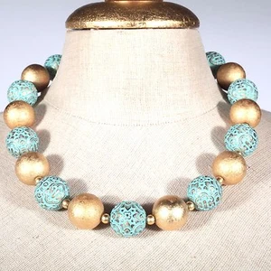 Kette Collier türkis gold Kugel Perlen Reliefperlen Vintage Modeschmuck 44 cm - Bild 1 von 1