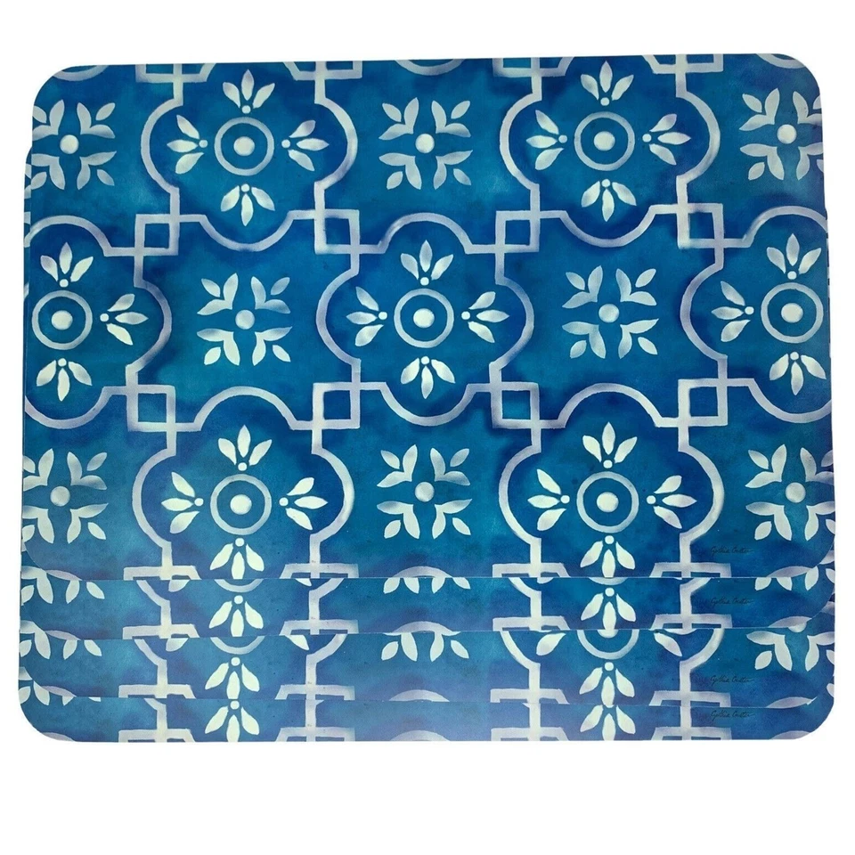 Blue and White Morroccan Tile Vinyl Reversible Placemats 4 Set - Image 1 of 4