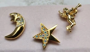 Lot of 3 KIRKS FOLLY gold tone Crescent moon & Star Cherub, brooch Rhinestones - Picture 1 of 8