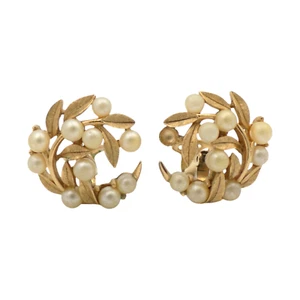 VINTAGE 1950’s TRIFARI LEAVES PEARL CLIP ON EARRINGS 11.3GR #1007 - Picture 1 of 3