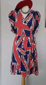Vintage 1940s Style Red White Blue Union Jack VJ Day Wrap Dress Size UK 16 - Picture 1 of 7