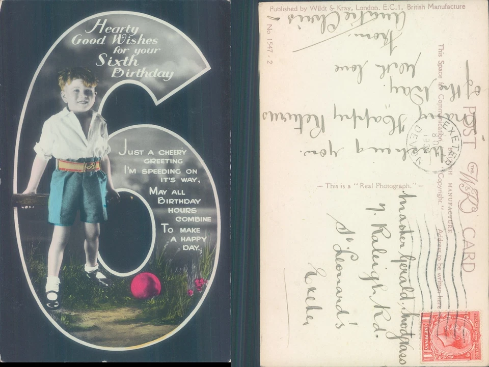 Sixth Birthday Greeting with Child Wildt Kray 1931 postmark Children Infants - Image 1 of 1