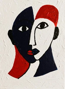 ORIGINAL MODERNES ABSTRAKTES GEMÄLDE ROT WEISS BLAU FIGUR 12X16 LEINWAND SIGNIERT COA - Bild 1 von 2