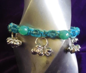 Adjustable Hemp Anklet with Silver Bells in Light Teal Aqua Blue Macrame Jewelry - Picture 1 of 6