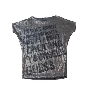 Guess Los Angeles Pailletten Top All Over Print Gr. XS Kurzarm Zitat selten Y2k - Bild 1 von 7
