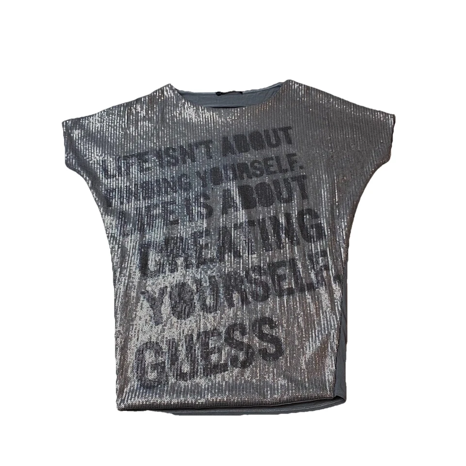 Guess Лос-Анджелес блестками верхний все над печать Sz XS короткий рукав цитата редкая Y2k - Изображение 1 из 4