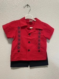 Red Mexican Boy Guayabera Outfit Red and Navy Outfit Embroidered Handmade - Picture 1 of 2
