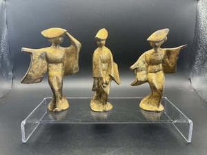VTG Mcm Cast Metal dancing Geisha Figurines Lot Of 3 Gilted Gold Tone 4" Monts - Picture 1 of 7