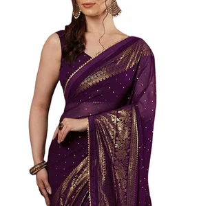 Damen Sari Georgette Foliendruck mit ungestepptem Blusenteil lila - Bild 1 von 5