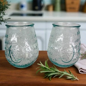 WINE VINO Embossed Grapes Word Green Tint Stemless Large 24oz Wine Glasses Set 2 - Picture 1 of 18