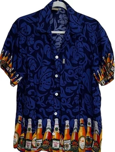 Hawaiihemd Aloha Vintage Herren groß blau Bierflaschen Barkeeper Cocktails Strand - Bild 1 von 14