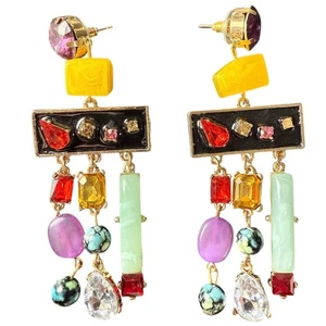 Chandelier Dangle Jeweled Earrings Multi-Color Fun Festive Stones Drop Post Back - Picture 1 of 5