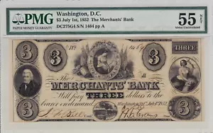 1852 $3 The Merchants' Bank | Washington DC | Obsolete Note | PMG 55 NET - Picture 1 of 2