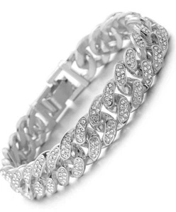 Mens Silver Bracelet Chain Link Curb Diamond Iced Bling Thick Heavy Gift - Picture 1 of 5