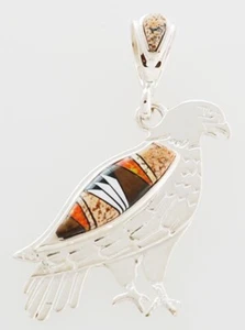 Navajo Handmade Sterling Silver with Multi-Stone Inlay Eagle Pendant - Picture 1 of 2