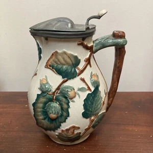 ANTIQUE Leaves And Seed Pods MAJOLICA Metal Lid Syrup Pitcher With Branch Handle - Picture 1 of 13