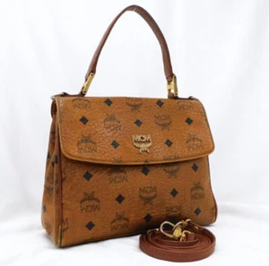 MCM Visetos Bolso de Mano de 2 Vías Bolso de Hombro Marrón Monograma Logo Herrajes Auténtico - Imagen 1 de 9