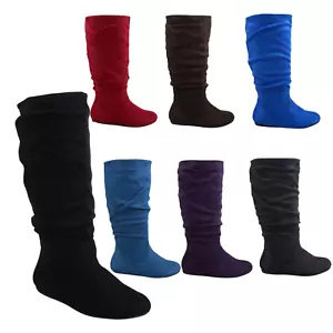 Women's Pull Up Flat Heel Wide Calf Mid Calf Casual Solid Color Boots Shoes NEW - Picture 1 of 50