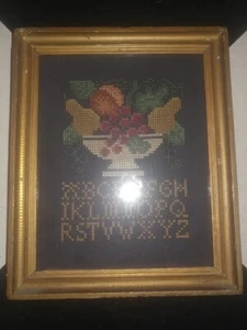 FRAMED VINTAGE CROSSTITCH ALPHABET & BOWL OF FRUIT ON BLACK BACKGROUND - Picture 1 of 9