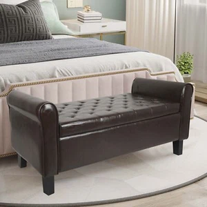 51" Storage Bench with Ottoman End of Bed Upholstered Faux Leather Couch Brown - Picture 1 of 7