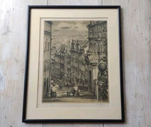 Vintage 1949 VIKTOR STRETTI handsignierte LITHOGRAPHIE PRAG Straßenszene GERAHMT - Bild 1 von 15