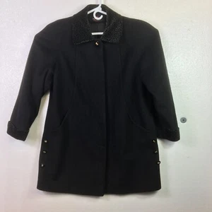 Vtg Alorna Black Wool Blend Coat Womens Size XL Velvet Leopard Print Made USA - Picture 1 of 11