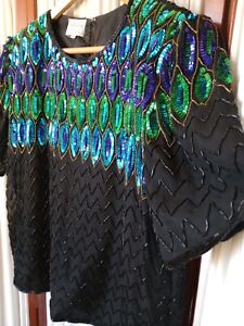 Vintage Size Large Stenay 100% Silk Beaded Sequined Blouse Top Shirt Peacock