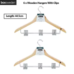 6 x Wooden Hangers Trousers Skirt With Clips Coat Clothes Pants Shorts Hangers - Picture 1 of 4