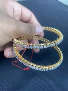 18k On4K Gold White Topaz Stack cartier Bracelet stackable David SET 2 Slip on - Picture 1 of 9