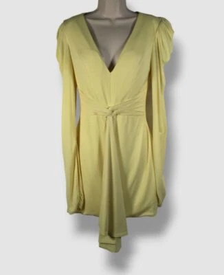 Vestido ajustado acanalado con cuello en V drapeado amarillo para mujer Jovani talla 6 $397 Foto 1 de 4