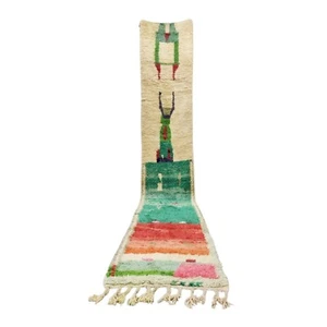 Moroccan Handmade Boujaad Rug 2'5''x15'8'' Berber Abstract Green Wool Area Rug - Picture 1 of 12