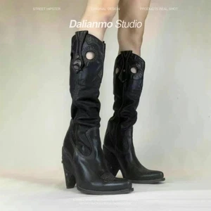 Botas Medievales, Bordadas Vintage, Tacones Altos Gruesos Punta, Botas Largas Mujer - Imagen 1 de 22