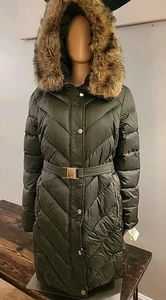 NWT Michael Kors Long Puffer Womens Olive Green Faux Fur Trim Hood Belted Medium - Picture 1 of 17