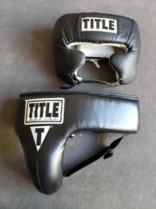 Vintage TITLE Boxing Training Headgear Black Size Med And Groin Protector Small - Picture 1 of 24