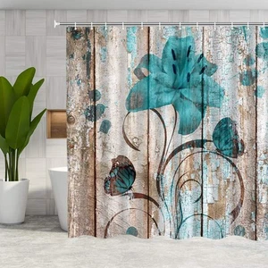 Floral Flower Shower Curtain Rustic Shower Curtain Set Teal Flower Butterfly ... - Picture 1 of 7