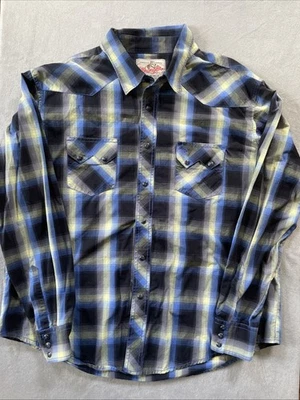 Camisa Western de Colección Para Hombres XL Wrangler Azul Amarillo A Cuadros Perla A Presión Vaqueros Americanos Foto 1 de 4