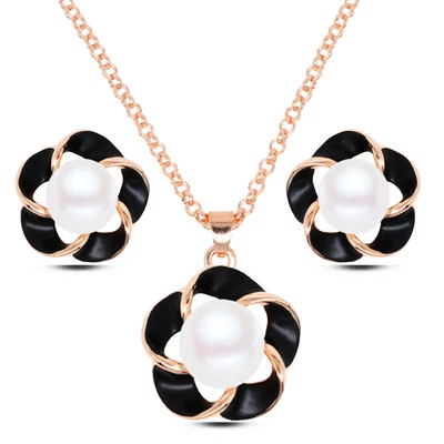 Gold Plated Enamel Flower Shape White Pearl 2 Pieces Jewelry Set - Image 1 of 2
