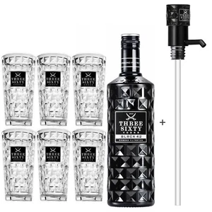 Three Sixty Black 42 Vodka 3L (42% Vol) + Pumpe + 6x Longdrink Gläser eckig - Bild 1 von 1